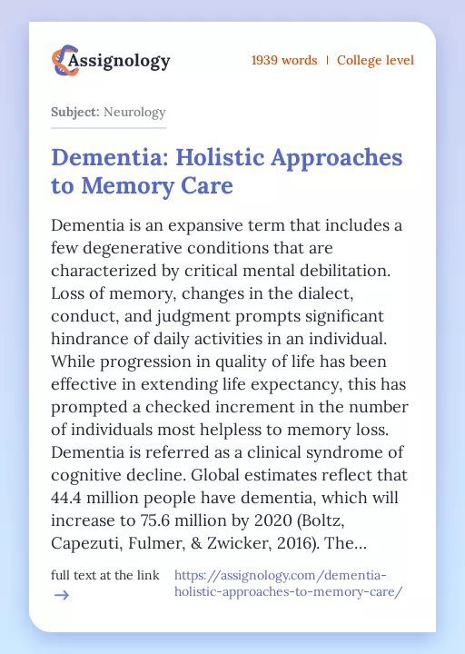 Dementia: Holistic Approaches to Memory Care - Essay Preview