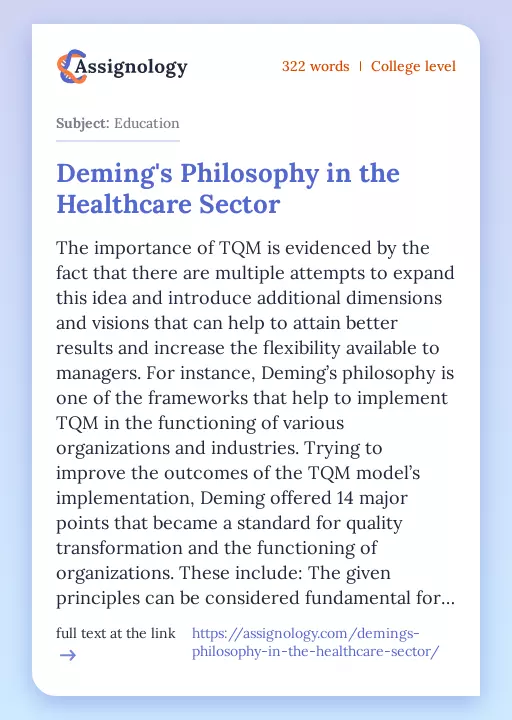 Deming's Philosophy in the Healthcare Sector - Essay Preview