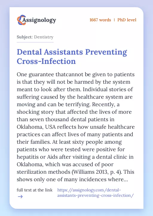Dental Assistants Preventing Cross-Infection - Essay Preview