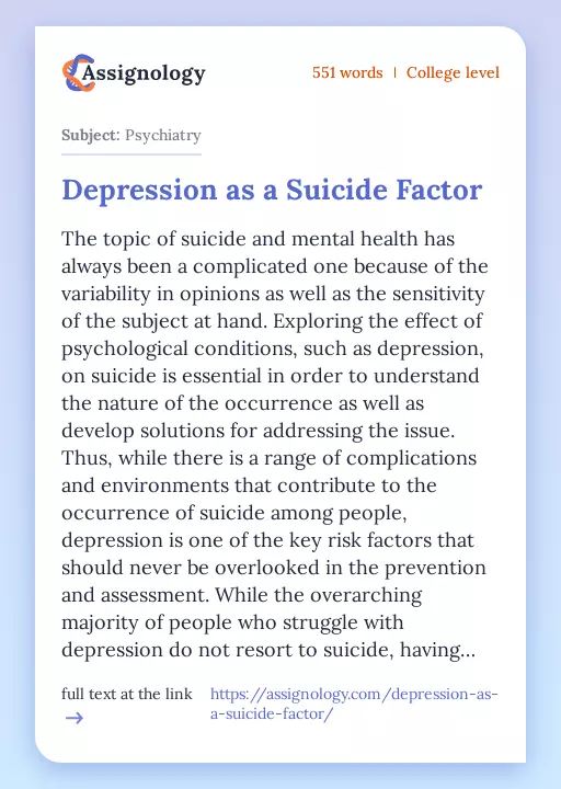 Depression as a Suicide Factor - Essay Preview