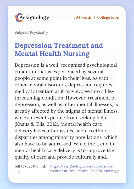 Depression Treatment and Mental Health Nursing - Essay Preview