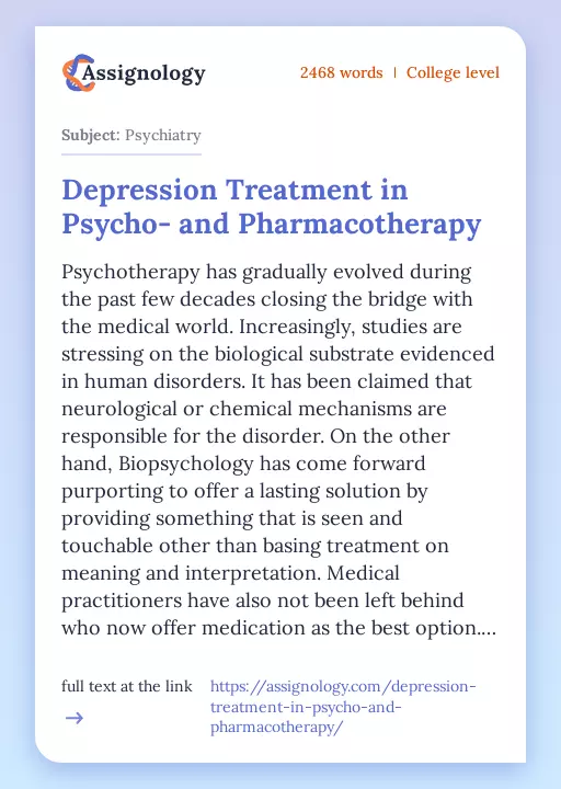 Depression Treatment in Psycho- and Pharmacotherapy - Essay Preview