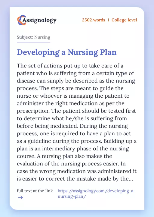 Developing a Nursing Plan - Essay Preview