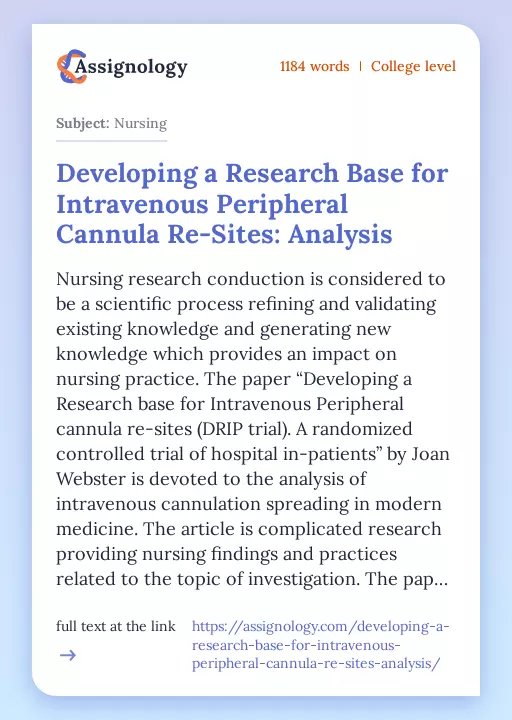 Developing a Research Base for Intravenous Peripheral Cannula Re-Sites: Analysis - Essay Preview
