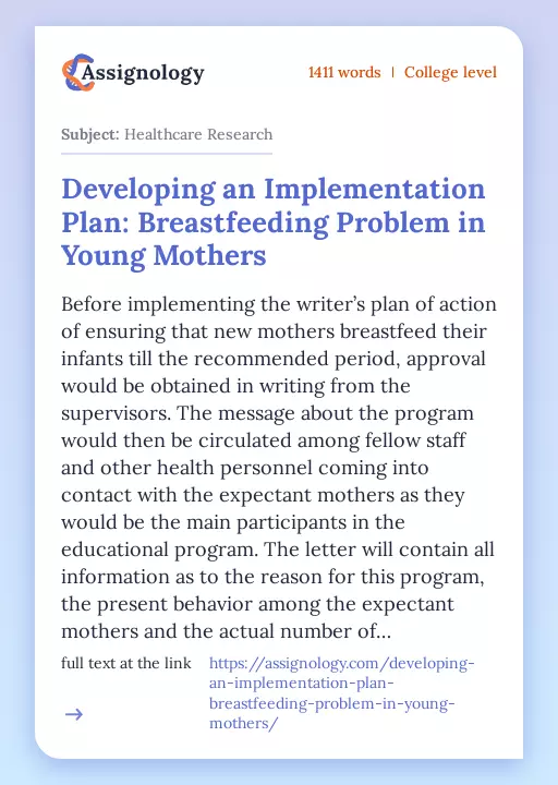 Developing an Implementation Plan: Breastfeeding Problem in Young Mothers - Essay Preview