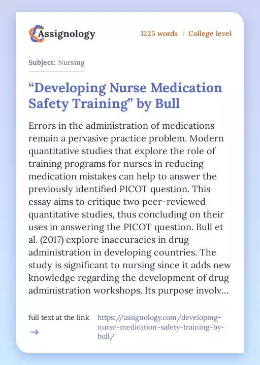 “Developing Nurse Medication Safety Training” by Bull - Essay Preview