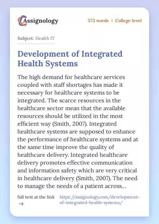 Development of Integrated Health Systems - Essay Preview