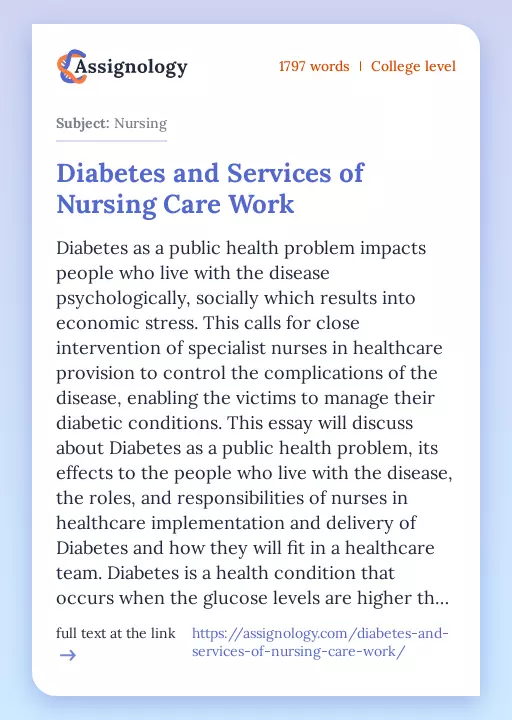 Diabetes and Services of Nursing Care Work - Essay Preview
