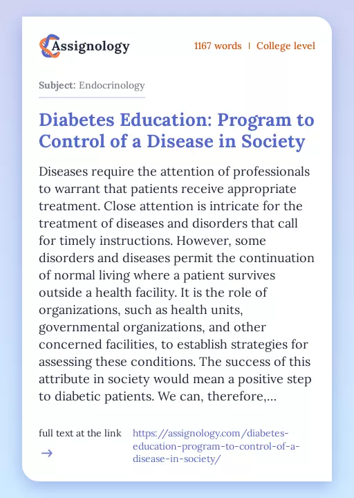 Diabetes Education: Program to Control of a Disease in Society - Essay Preview