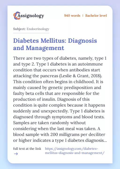 Diabetes Mellitus: Diagnosis and Management - Essay Preview