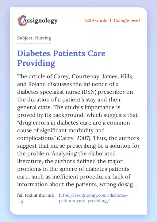 Diabetes Patients Care Providing - Essay Preview