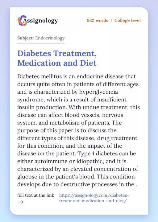 Diabetes Treatment, Medication and Diet - Essay Preview