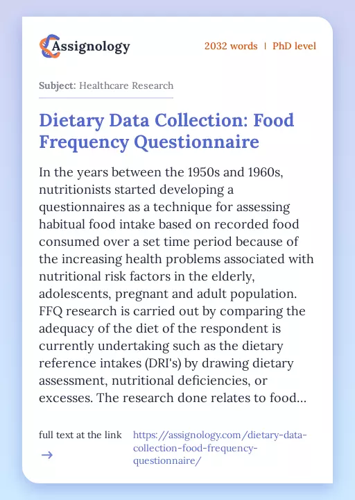 Dietary Data Collection: Food Frequency Questionnaire - Essay Preview