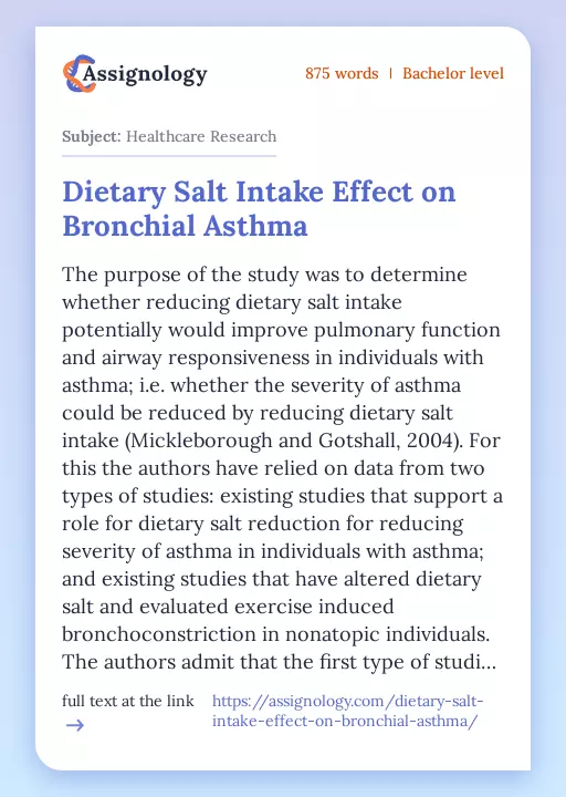 Dietary Salt Intake Effect on Bronchial Asthma - Essay Preview