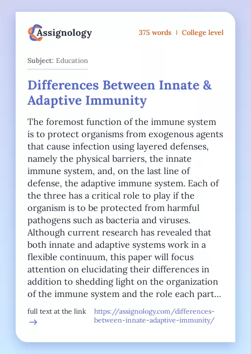 Differences Between Innate & Adaptive Immunity - Essay Preview