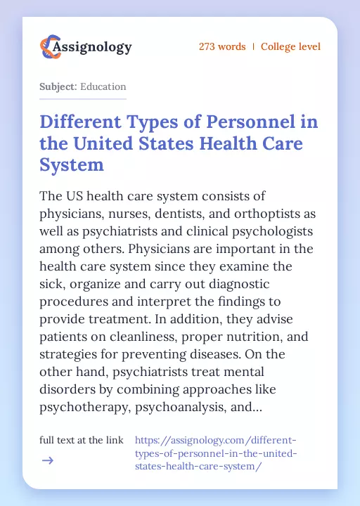 Different Types of Personnel in the United States Health Care System - Essay Preview