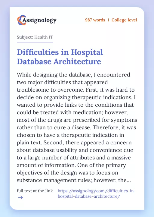 Difficulties in Hospital Database Architecture - Essay Preview