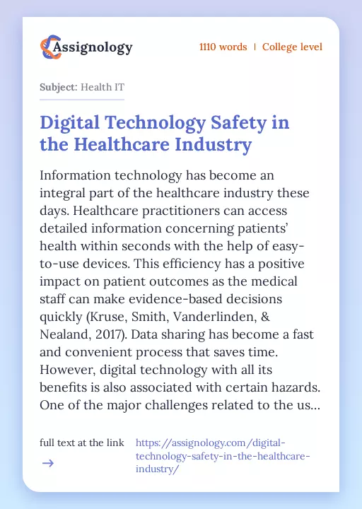 Digital Technology Safety in the Healthcare Industry - Essay Preview