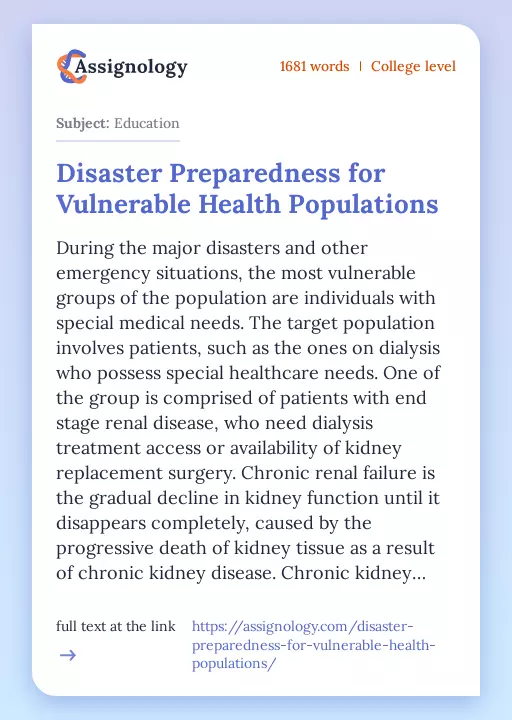 Disaster Preparedness for Vulnerable Health Populations - Essay Preview
