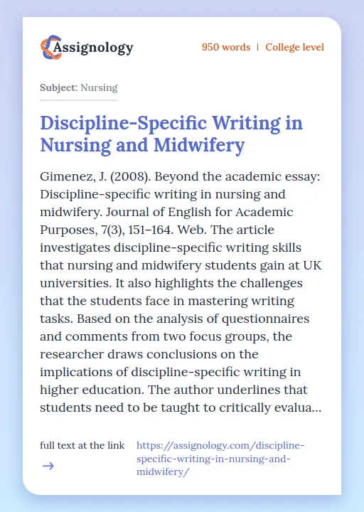 Discipline-Specific Writing in Nursing and Midwifery - Essay Preview