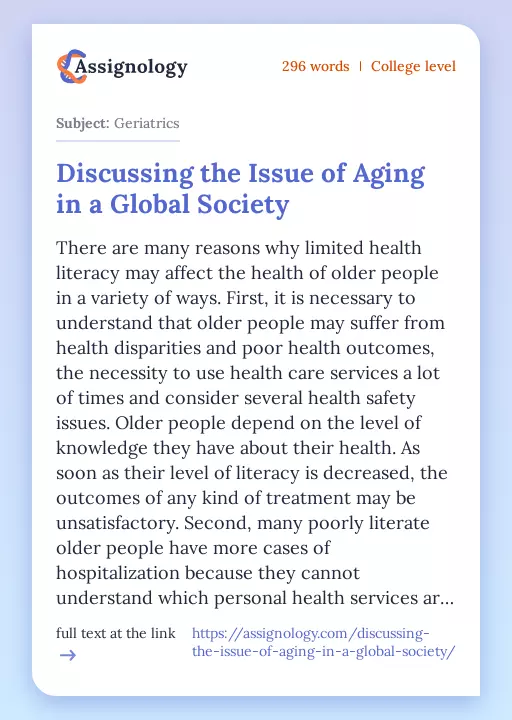 Discussing the Issue of Aging in a Global Society - Essay Preview