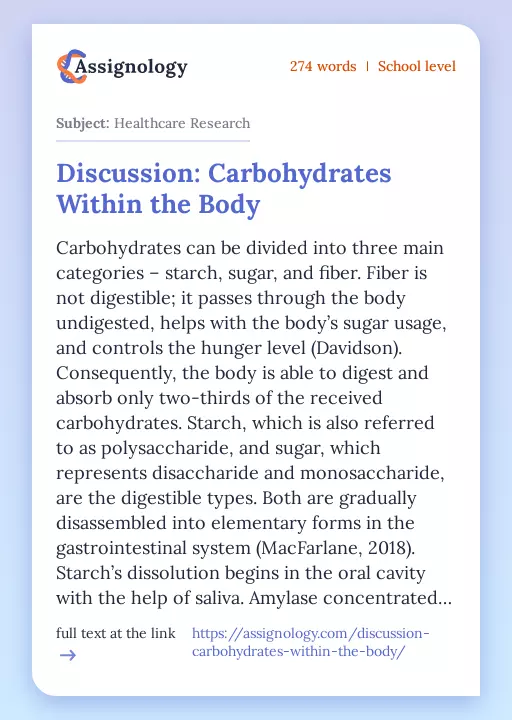 Discussion: Carbohydrates Within the Body - Essay Preview