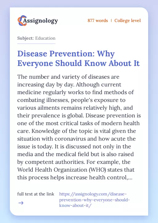 Disease Prevention: Why Everyone Should Know About It - Essay Preview