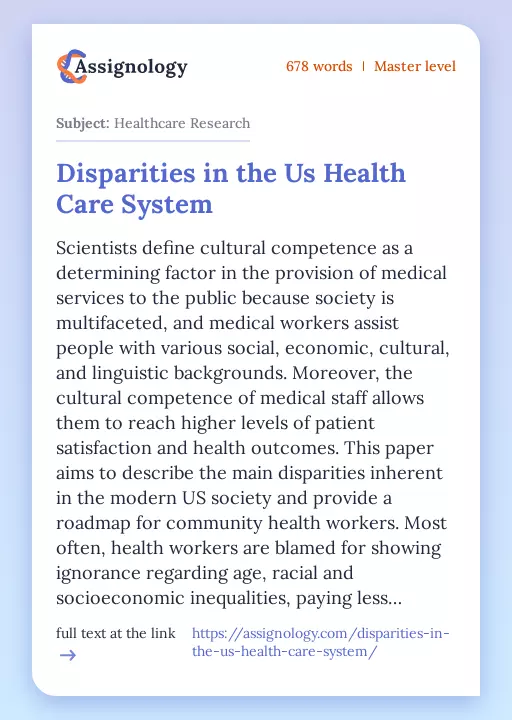 Disparities in the Us Health Care System - Essay Preview