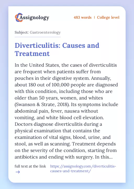 Diverticulitis: Causes and Treatment - Essay Preview