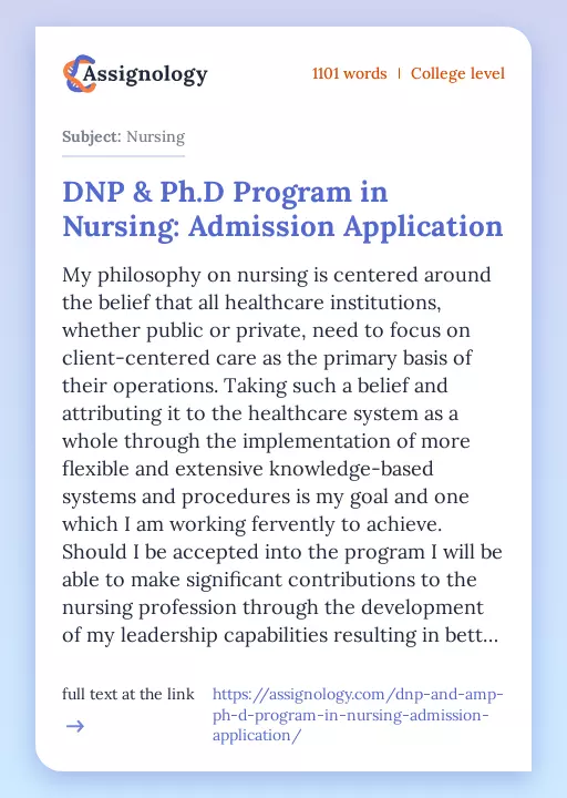 DNP & Ph.D Program in Nursing: Admission Application - Essay Preview