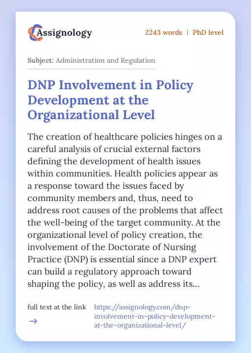 DNP Involvement in Policy Development at the Organizational Level - Essay Preview