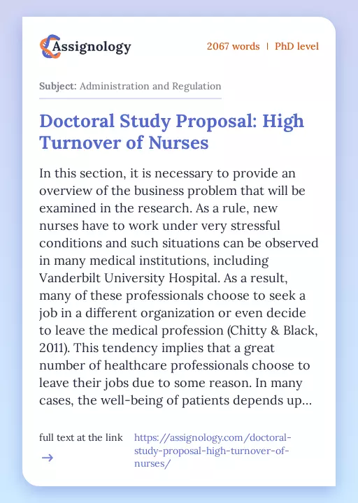 Doctoral Study Proposal: High Turnover of Nurses - Essay Preview
