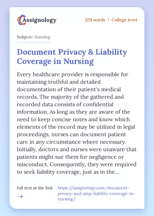 Document Privacy & Liability Coverage in Nursing - Essay Preview