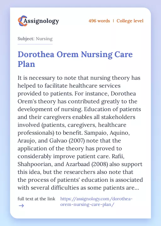 Dorothea Orem Nursing Care Plan - Essay Preview