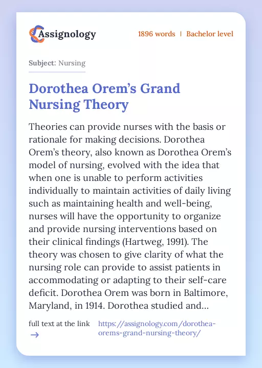 Dorothea Orem’s Grand Nursing Theory - Essay Preview