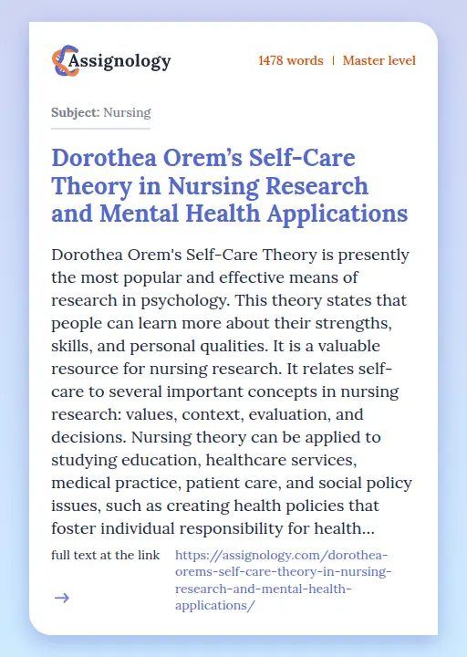 Dorothea Orem’s Self-Care Theory in Nursing Research and Mental Health Applications - Essay Preview
