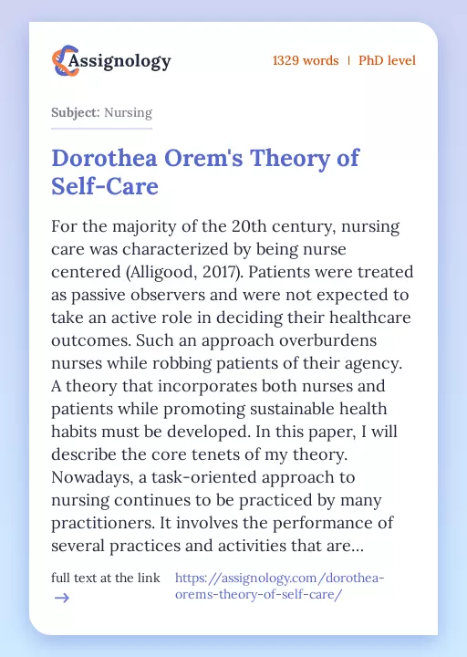 Dorothea Orem's Theory of Self-Care - Essay Preview
