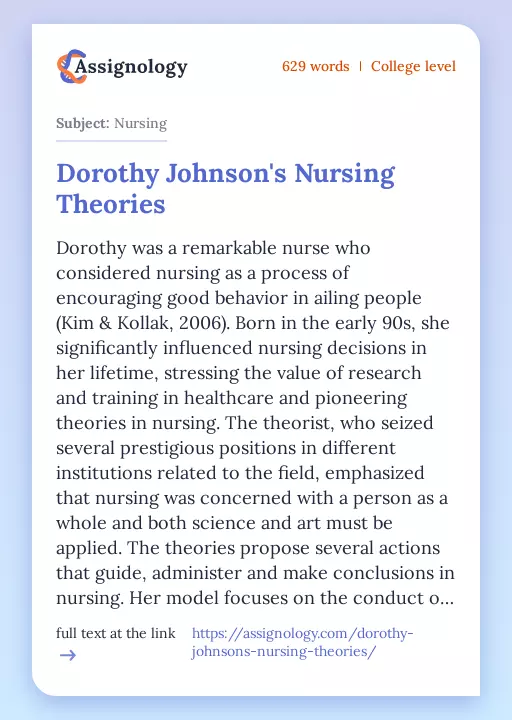 Dorothy Johnson's Nursing Theories - Essay Preview
