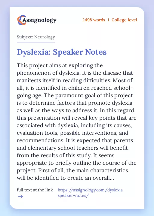Dyslexia: Speaker Notes - Essay Preview