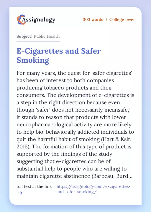 E-Cigarettes and Safer Smoking - Essay Preview