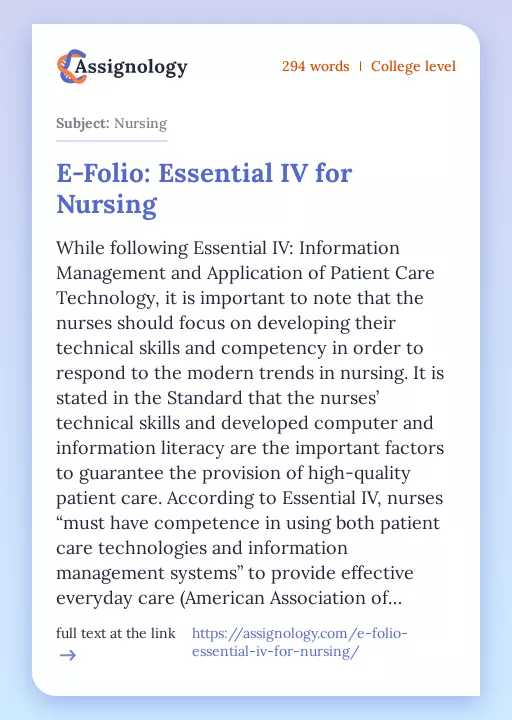 E-Folio: Essential IV for Nursing - Essay Preview