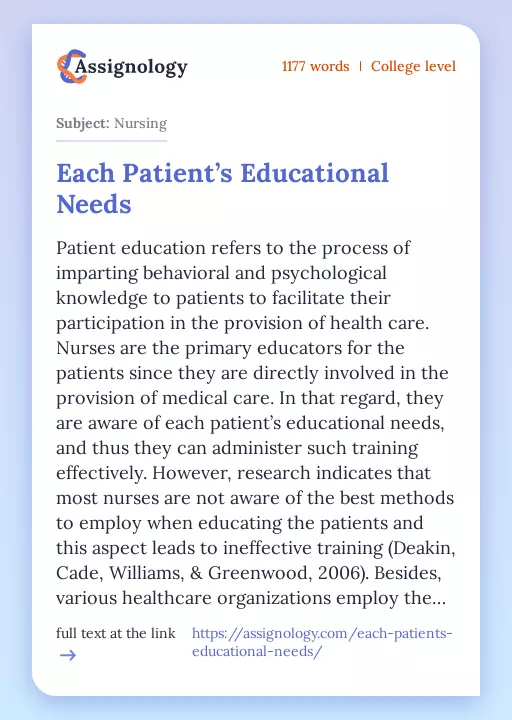 Each Patient’s Educational Needs - Essay Preview