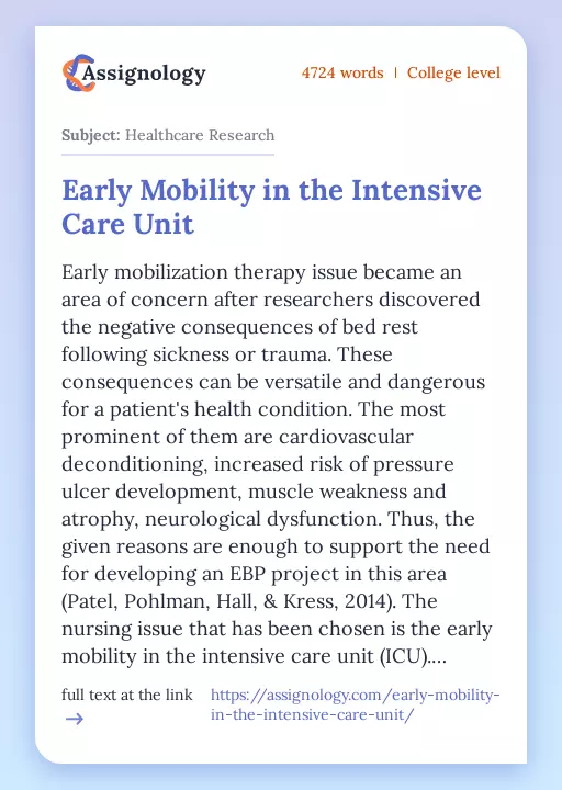 Early Mobility in the Intensive Care Unit - Essay Preview