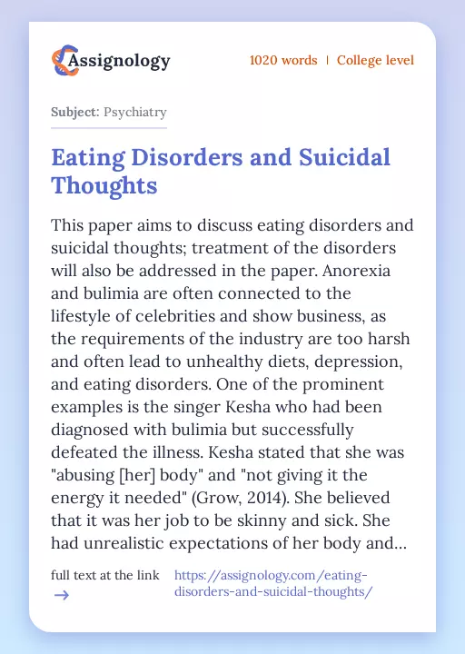 Eating Disorders and Suicidal Thoughts - Essay Preview