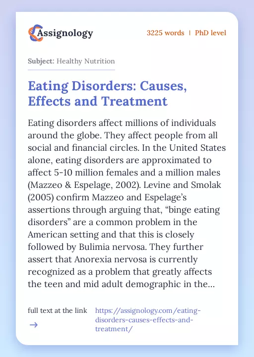 Eating Disorders: Causes, Effects and Treatment - Essay Preview