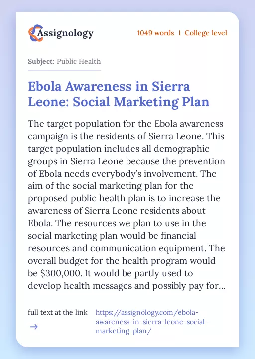 Ebola Awareness in Sierra Leone: Social Marketing Plan - Essay Preview