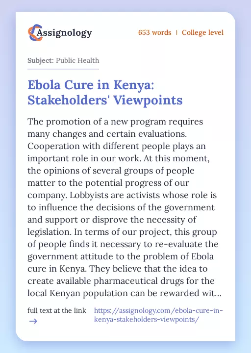 Ebola Cure in Kenya: Stakeholders' Viewpoints - Essay Preview