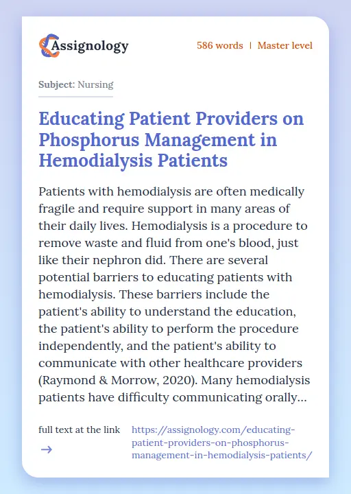 Educating Patient Providers on Phosphorus Management in Hemodialysis Patients - Essay Preview