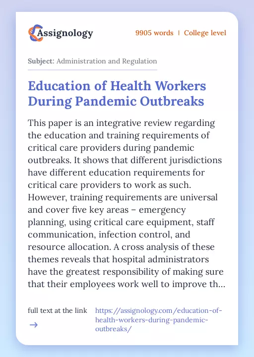 Education of Health Workers During Pandemic Outbreaks - Essay Preview