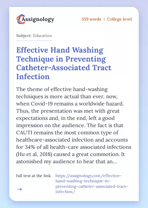 Effective Hand Washing Technique in Preventing Catheter-Associated Tract Infection - Essay Preview